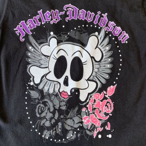 HARLEY DAVIDSON Winged Skull & Roses T-Shirt Girls 2 2T Black Tee Top Toddler - Picture 2 of 4